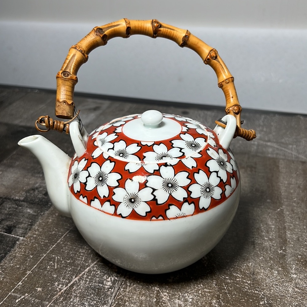 Vintage Asian Porcelain Tea Pot Name under Lid Rattan Handle - Picture 2 of 7